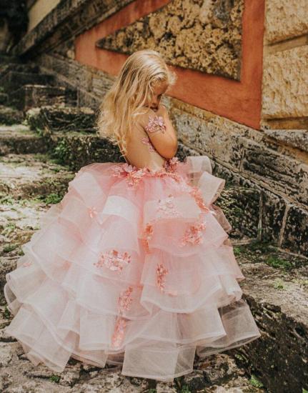 Lovely Jewel Short Sleeves Tiered Tulle Flower Girl Dresses with Handmade Flowers | Long Sheer Little Girl Pageant Dress_2