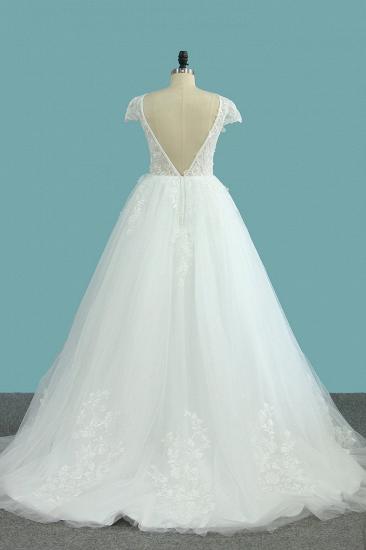 TsClothzone Elegant Jewel Tulle Lace Wedding Dress Short Sleeves Appliques Ruffles Bridal Gowns Online_3