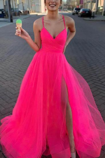 Hot pink high split a-line pricess tulle prom dress