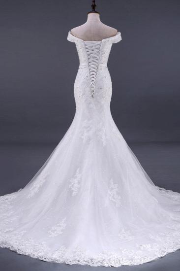 TsClothzone Elegantes schulterfreies Meerjungfrau-Hochzeitskleid in Weiß mit Herzausschnitt, ärmellosen Spitzenapplikationen, Brautkleidern mit Strasssteinen_3
