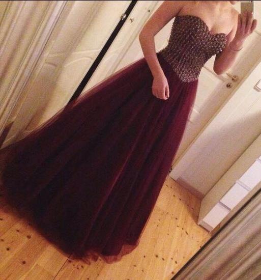 Crystal Sweetheart Burgundy Tulle 2022 Prom Dress A-Line Beading Floor Length Party Dress_3