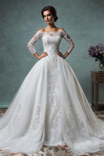 Gorgeous Off the Shoulder Detachable Train Wedding Dresses Long Sleeve Lace 2022 Bride Dress_1
