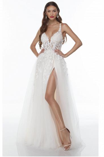 Spaghetti Straps Lace Wedding Gowns Side Split V Neck Bride Dress_1