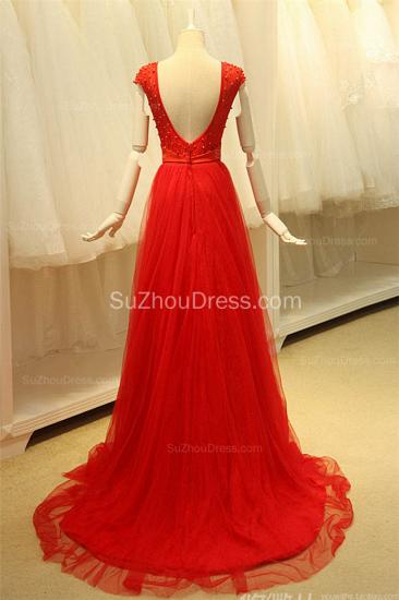 Short Sleeve Red Tulle Lace Long Prom Dresses with Beadings Open Back Elegant Designer Zipper Custom Dresses for Juniors_2