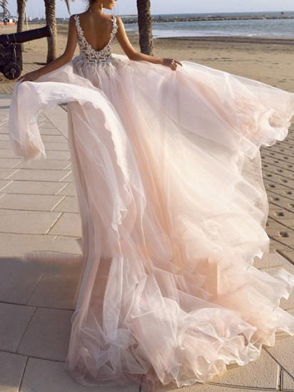 Beach A-Line Wedding Dress V-Neck Spaghetti StrapLace Tulle Sleeveless Sexy Backless Bridal Gowns with Sweep Train_2