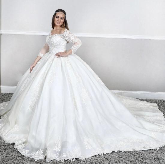 Long sleeves Lace Square neck puffy Ball gown Court train White Wedding Dresses_2