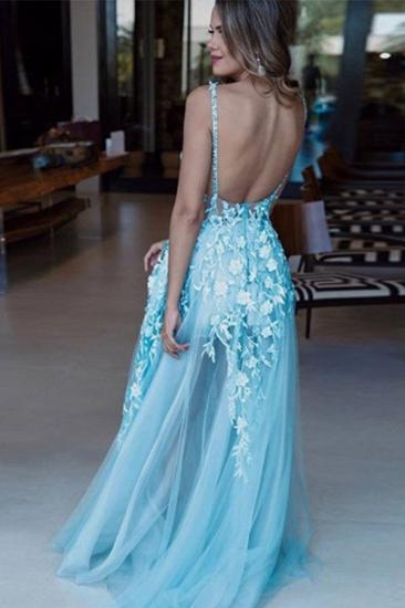 Romantic Sky Blue Deep V-neck A-line See-through Sexy Backless Sleeveless Prom Dress_2