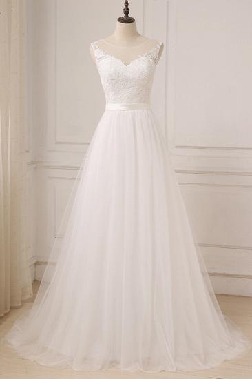 Glamouröses ärmelloses Juwelen-Hochzeitskleid aus Tüll | Weiße Brautkleider in A-Linie mit Applikationen_1