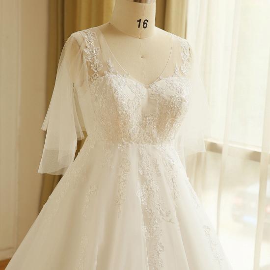 Elegant Plus Size Lace Wedding Dress A-line Floor Length V-neck Tulle Appliques Lace-up Poet Sleeves_3