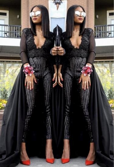 Spezielle V-Ausschnitt Langarm Lace Prom Kleider mit Pailletten Hose | Bodenlangen Abendkleider mit Reißverschluss_4