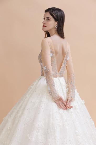 Charmantes Hochzeitskleid mit floralen Spitzenapplikationen Wunderschönes weißes Perlen-Brautkleid_4