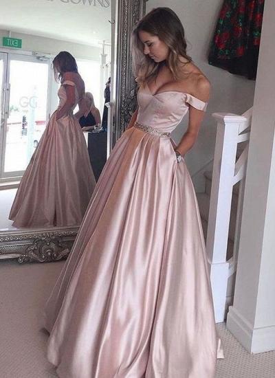 Pearl-Pink Puffy Off-the-Shoulder Beading Pockets Prom Dresses