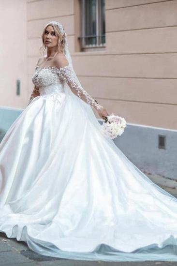 Vintage White Long Sleeve Ball Gown Satin Wedding Dresses Bridal Gowns_1