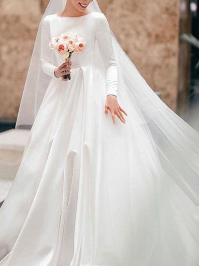 Wunderschöne weiße Satin-Rüschen A-Linie Brautkleider mit langen Ärmeln