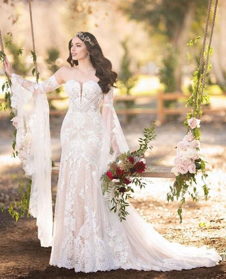 Elegant Sweetheart White Lace Wedding Dresses with Church Train_3