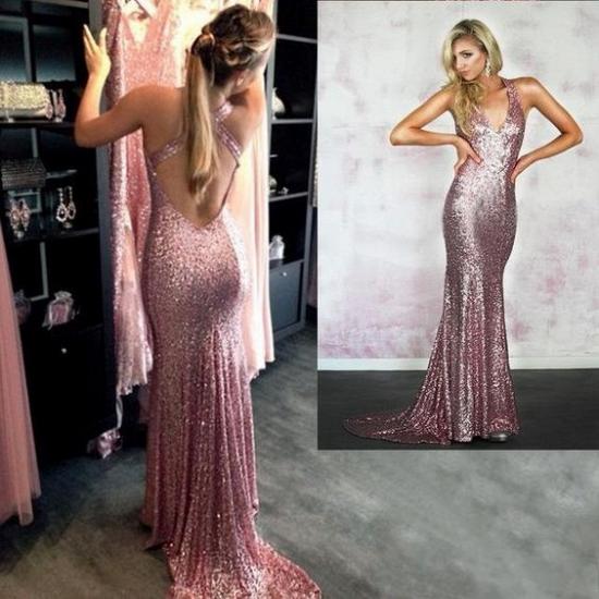 Rose Pink 2022 Evening Dress Sequins Mermaid Criss-Cross-Back Sexy Prom Dresses_3