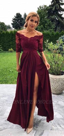Burgundy Off The Shoulder Lace Half Sleeves Prom Dresses With Split | Chiffon Party Gowns_2