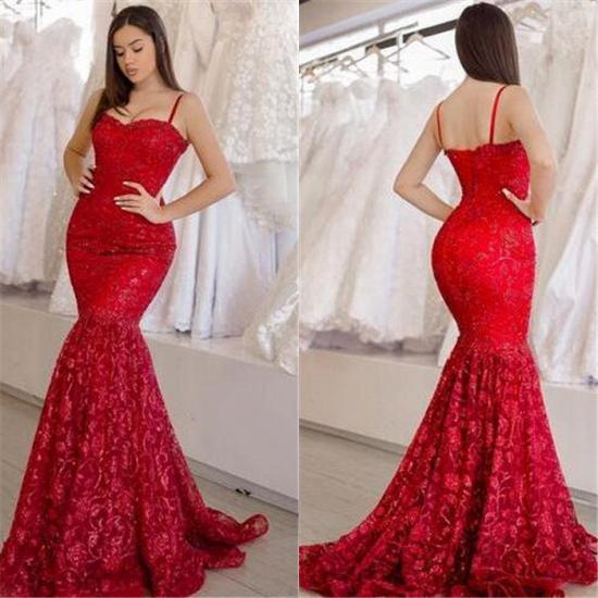Glamouröse rote Spitze lange Abendkleider | 2022 Spaghettiträger Mermaid Abendkleider Online_3