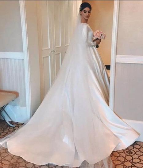 Simple A-Line Satin Wedding Dress White Jewel Bridal Gowns with Long Sleeves On Sale_2