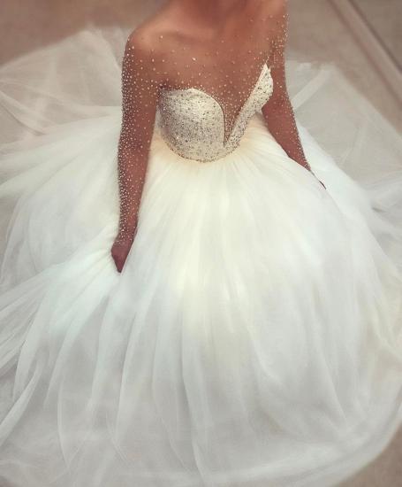 Sheer Tüll Perlen Pailletten Brautkleid mit Ärmeln | Puffige Tüll Sexy Sparkly Brautkleider 2022_3