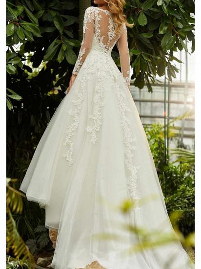 A-Line Wedding Dress V-neck Lace Tulle Long Sleeves Bridal Gowns Formal with Sweep Train_2