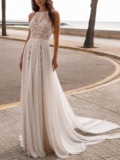 Boho A-Line Chiffon Wedding Dress Beach Tulle Lace Sleeveless Bridal Gowns On Sale_1