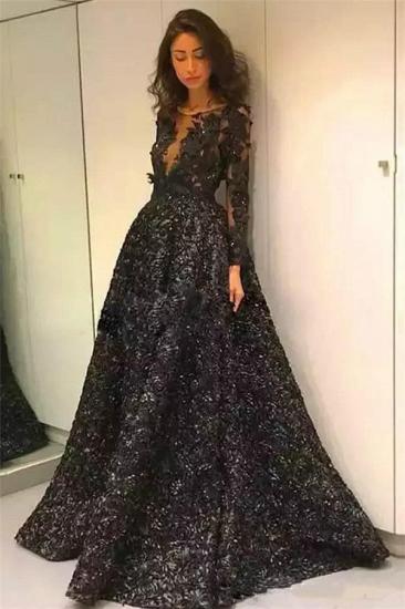 Glamorous Black Elegant Long Sleeves Evening Dresses Online | 3D Flowers Sexy Open Back Prom Dresses