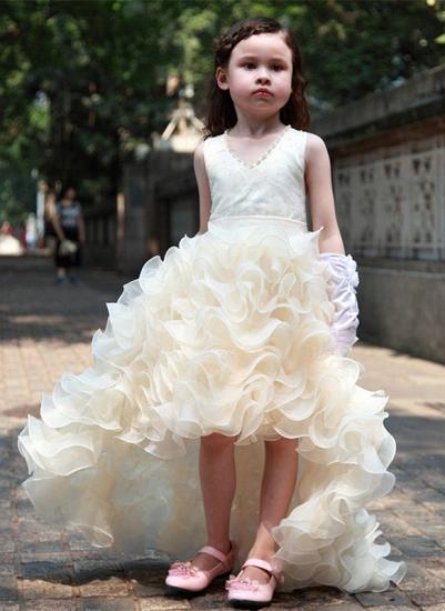 Süßes Organza-Prinzessin-Mädchenkleid mit V-Ausschnitt, Bowknot, Hi-Lo, ärmellose Blumenmädchenkleider_2