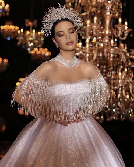 Sheer Tüll Sparkle Beads Pailletten Brautkleider 2022 | High Neck Ballkleid Royal Brautkleider mit Quasten_3