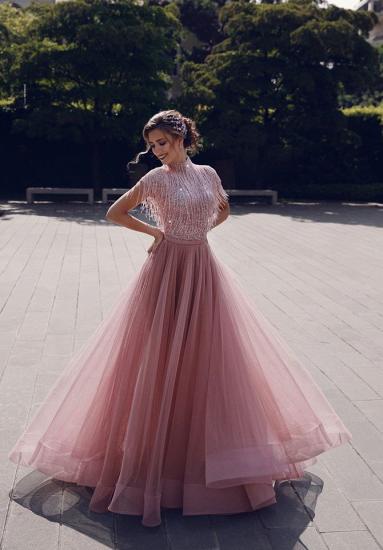 Special High Neck Tassel Beading Cap Sleeves Princess Prom Dresses | Blushing Pink Evening Gowns_6