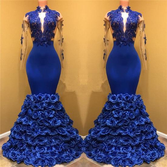 Wunderschöne Royal Blue Prom Dresses | Lange Ärmel Abendkleider mit Rosenblüten_4