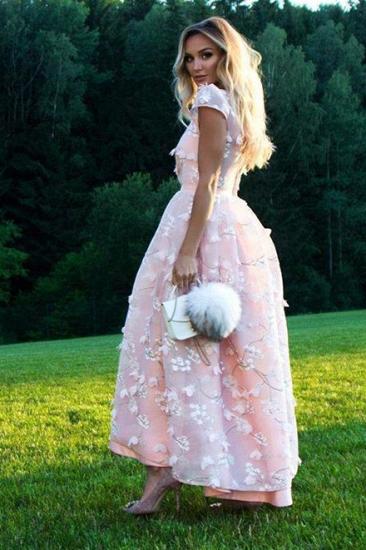 Schöne rosa Spitze runde Halskappe Ärmel Prom Kleider | Günstige knöchellange Partykleider_2