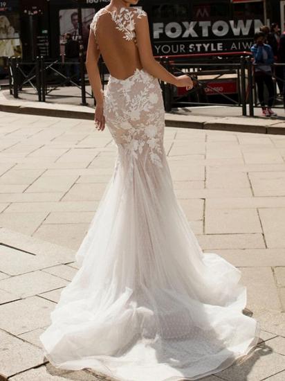 Vintage Mermaid Wedding Dress Jewel Lace Tulle Cap Sleeve Sexy See-Through Backless Bridal Gowns in Color with Sweep Train_2