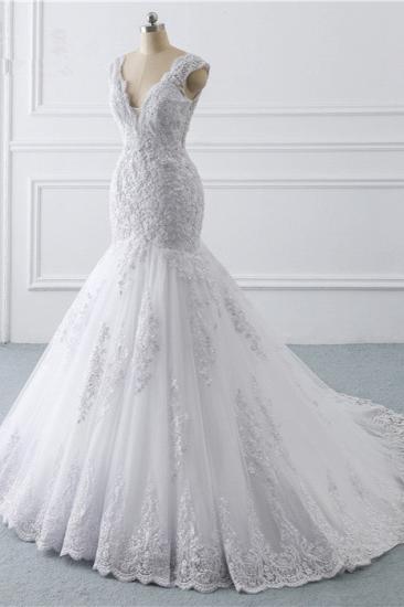 TsClothzone Gorgeous V-Neck Tulle Lace Wedding Dress Sleeveless Mermaid Appliques Bridal Gowns On Sale_4