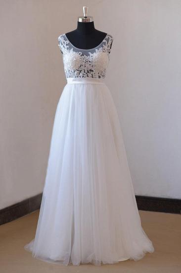 Wunderschönes ärmelloses Hochzeitskleid mit Juwelenapplikationen | Tüll Rüschen Weiße Brautkleider_2