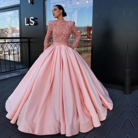 Long Sleeve Ball Gown Pink Prom Dress | Appliques Pink Evening Gowns_3