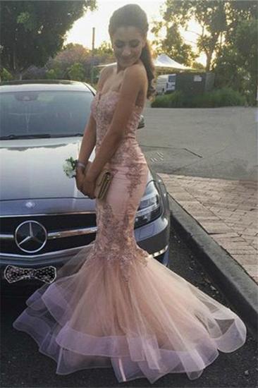 Strapless Mermaid Lace Appliques Ruffled Tulle Pink Prom Dresses