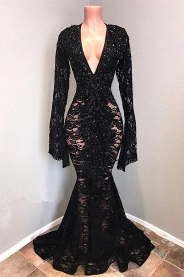 Sexy Black Lace  V Neck Long Sleeves Mermaid Prom Dresses | Sheer Floor Length Evening Gowns