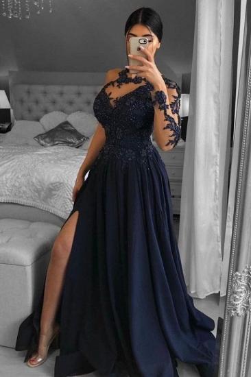 Navy Side Slit Long Sleeve Prom Dress | Long Lace Prom Dresses
