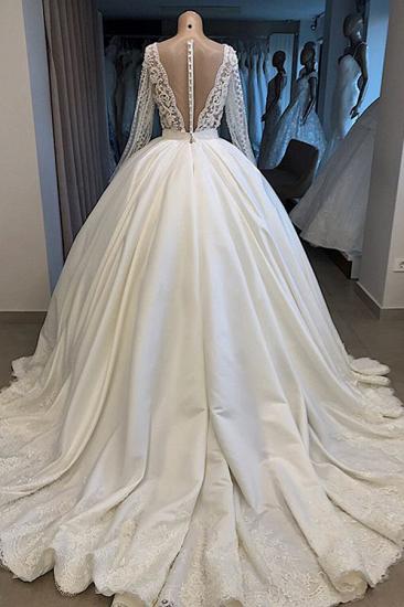 Long Sleeve Plunging V-neck Ball Gown Satin Wedding Dress with Pearl | Luxury Bridal Gowns for Sale_3