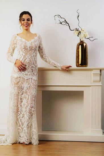 Boho Floral Lace Long Sleeves Wedding Dress V-Neck_1