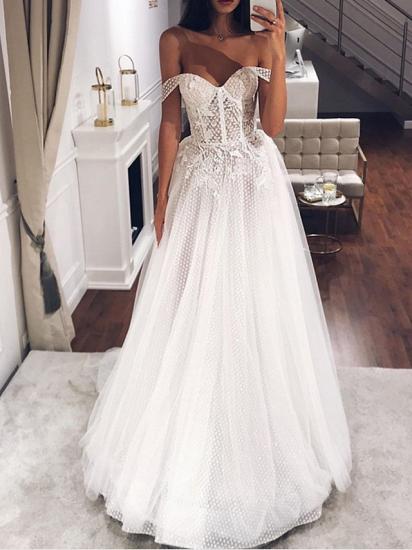 Country Plus Size A-Line Off Shoulder Wedding Dress Tulle Short Sleeve Bridal Gowns with Sweep Train