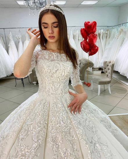 Gorgeous Half Sleeves Satin Lace Appliques Ball Gown  Wedding Dress_4