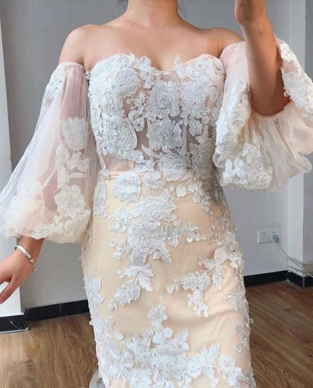 Romantic Puffy Sleeves Mermaid Wedding Dress Floral Appliques_4