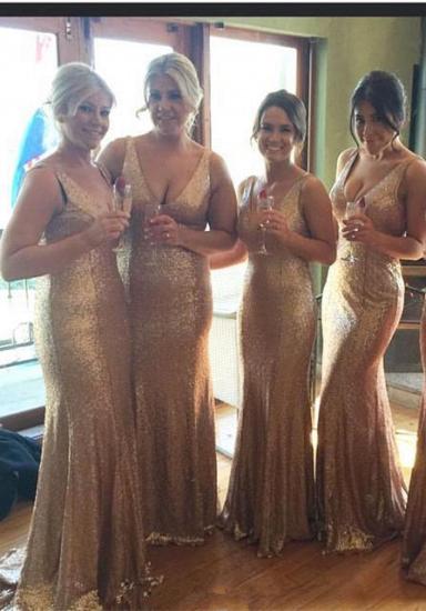 Stunnning V-Neck Sequins Gold Bridesmaid Dresses Plus Size Long Floor Length_4