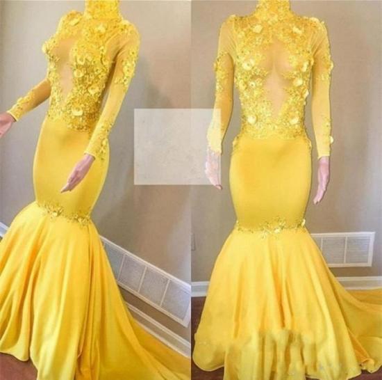 Yellow High Neck Flower Appliques Mermaid Long Sleeves Prom Dresses_3