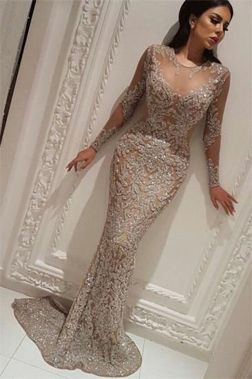 Elegant Long Sleeve Sparkly Prom Dresses | Wholesale Fit and Flare Beads Evening Gowns with Nude Lining
