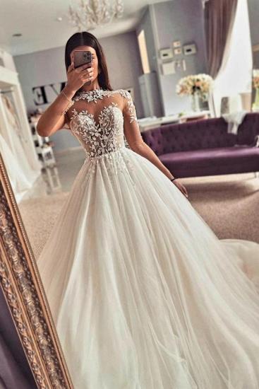 Vintage Juwel Long Sleeve Lace A Line Tulle Wedding Dresses_1