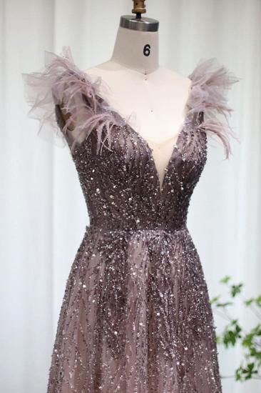 Luxury Glitter Sequins Aline Evening Party Dress V-Neck Fur Floor-Length Formal Dresses_10