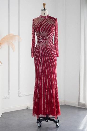 Elegante Abendkleider im Meerjungfrau-Stil mit Stehkragen und langen Ärmeln, Perlenstickerei und Kristallschärpe_11